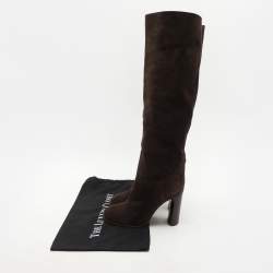 Casadei Brown Suede C Chain Embellished Calf Length Boots Size 36