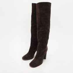 Casadei Brown Suede C Chain Embellished Calf Length Boots Size 36