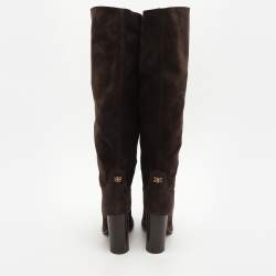 Casadei Brown Suede C Chain Embellished Calf Length Boots Size 36