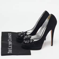 Pre Owned Casadei Black Suede Crystal Embellished Bow Peep Toe Pumps Size 38.5