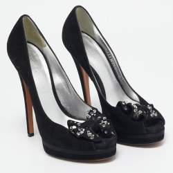 Pre Owned Casadei Black Suede Crystal Embellished Bow Peep Toe Pumps Size 38.5