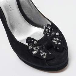 Pre Owned Casadei Black Suede Crystal Embellished Bow Peep Toe Pumps Size 38.5