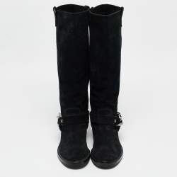 Casadei Black Suede Chain Detail Knee Length Boots Size 38.5