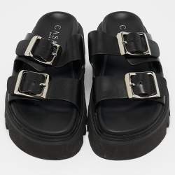 Pre Owned Casadei Black Leather Florence Buckle Sandals Size 39.5