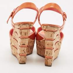 Pre Owned Casadei Pink Patent Leather Cork Wedge Ankle Strap Sandals Size 38