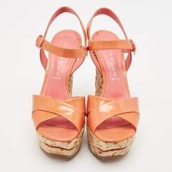 Pre Owned Casadei Pink Patent Leather Cork Wedge Ankle Strap Sandals Size 38