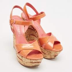 Pre Owned Casadei Pink Patent Leather Cork Wedge Ankle Strap Sandals Size 38