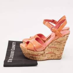 Pre Owned Casadei Pink Patent Leather Cork Wedge Ankle Strap Sandals Size 38