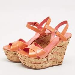 Pre Owned Casadei Pink Patent Leather Cork Wedge Ankle Strap Sandals Size 38