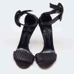 Pre Owned Casadei Black Woven Leather Buckle Ankle Strap Sandals Size 39.5