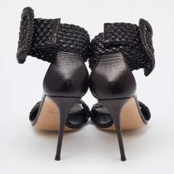 Pre Owned Casadei Black Woven Leather Buckle Ankle Strap Sandals Size 39.5