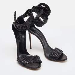 Pre Owned Casadei Black Woven Leather Buckle Ankle Strap Sandals Size 39.5