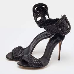 Pre Owned Casadei Black Woven Leather Buckle Ankle Strap Sandals Size 39.5