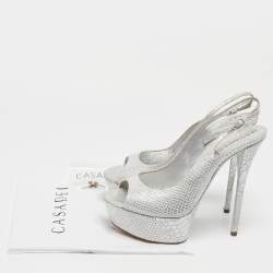 Casadei Silver Python Embossed Leather Peep Toe Slingback Sandals Size 39