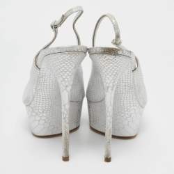 Casadei Silver Python Embossed Leather Peep Toe Slingback Sandals Size 39