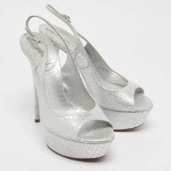 Casadei Silver Python Embossed Leather Peep Toe Slingback Sandals Size 39