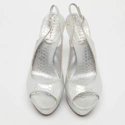 Casadei Silver Python Embossed Leather Peep Toe Slingback Sandals Size 39