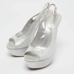 Casadei Silver Python Embossed Leather Peep Toe Slingback Sandals Size 39