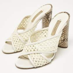 Casadei White/Brown Knit Fabric and Python Leather Slide Sandals Size 36
