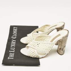 Casadei White/Brown Knit Fabric and Python Leather Slide Sandals Size 36