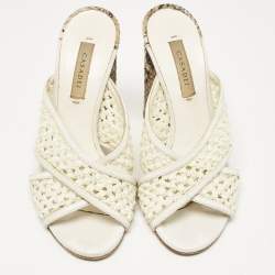 Casadei White/Brown Knit Fabric and Python Leather Slide Sandals Size 36