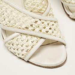 Casadei White/Brown Knit Fabric and Python Leather Slide Sandals Size 36