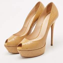 Casadei Brown Python Embossed Leather Peep Toe Pumps Size 39