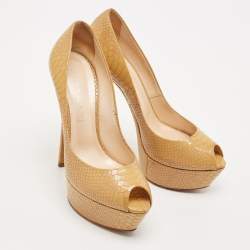 Casadei Brown Python Embossed Leather Peep Toe Pumps Size 39