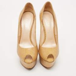 Casadei Brown Python Embossed Leather Peep Toe Pumps Size 39