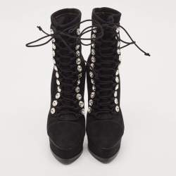 Casadei Black Suede Crystals Platform Ankle Length Boots Size 36