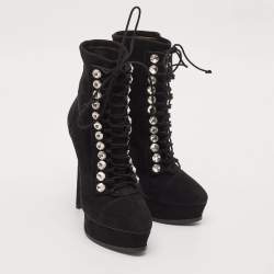 Casadei Black Suede Crystals Platform Ankle Length Boots Size 36