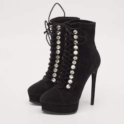 Casadei Black Suede Crystals Platform Ankle Length Boots Size 36