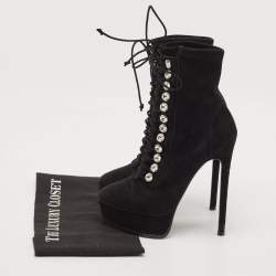 Casadei Black Suede Crystals Platform Ankle Length Boots Size 36