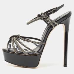 Casadei Black Suede and PVC Crystal Embellished Platform Sandals Size 37