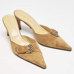 Casadei Brown Suede Buckle Pointed Toe Mules Size 38.5