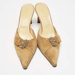 Casadei Brown Suede Buckle Pointed Toe Mules Size 38.5