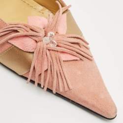 Casadei Pink/Gold Suede Flower Crystal Embellished Pointed Toe Mules Size 38.5