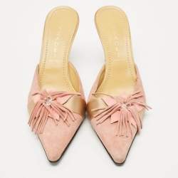 Casadei Pink/Gold Suede Flower Crystal Embellished Pointed Toe Mules Size 38.5