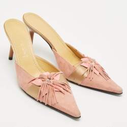Casadei Pink/Gold Suede Flower Crystal Embellished Pointed Toe Mules Size 38.5