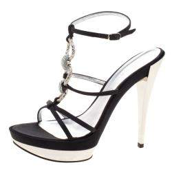 Casadei Black Satin Crystal Embellished Platform Strappy Sandals Size 40