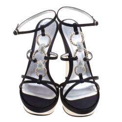 Casadei Black Satin Crystal Embellished Platform Strappy Sandals Size 40