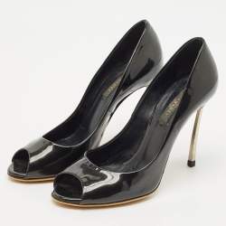Casadei Black Patent Leather Peep Toe Pumps Size 37.5
