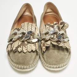 Casadei Grey Python Embossed Leather and Suede Chain Smoking Slippers Size 37
