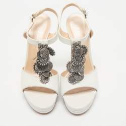 Pre Owned Casadei White Leather Embellished T-Strap Sandals Size 39