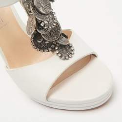 Pre Owned Casadei White Leather Embellished T-Strap Sandals Size 39