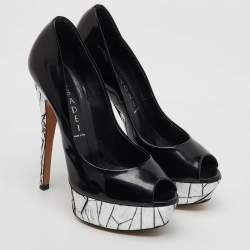 Casadei Black Patent Leather Mosaic Mirror Heel Peep Toe Platform Pumps Size 36