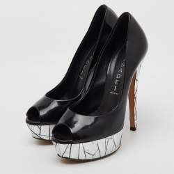 Casadei Black Patent Leather Mosaic Mirror Heel Peep Toe Platform Pumps Size 36