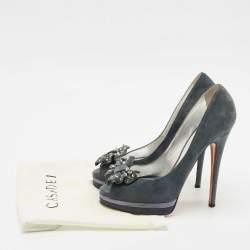 Casadei Grey Suede Crystal Embellished Bow Peep Toe Pumps Size 38