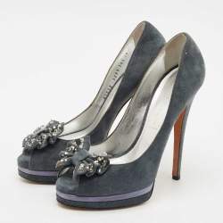 Casadei Grey Suede Crystal Embellished Bow Peep Toe Pumps Size 38