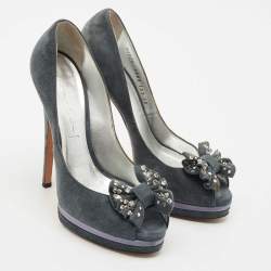 Casadei Grey Suede Crystal Embellished Bow Peep Toe Pumps Size 38